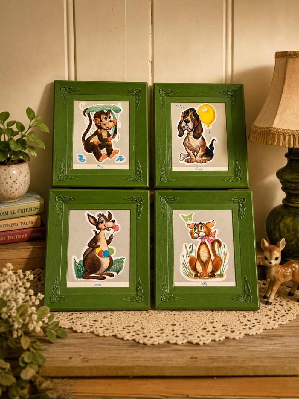 Vintage 70s Kitsch Avocado Green Framed Nursery Wall Art Set of 4 Cartoon Animal